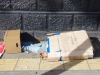 Daklozen, op of onder kartonnen dozen
